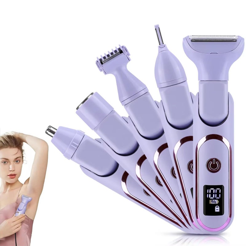 5-in-1 Women Electric Razor, Led Display IPX7 Waterproof Bikini Trimmer, Wet & Dry Use Painless Trimmer Groomer for Face Body Legs, Rechargeable Electric Lady Shaver with Replaceable Heads (Purple)